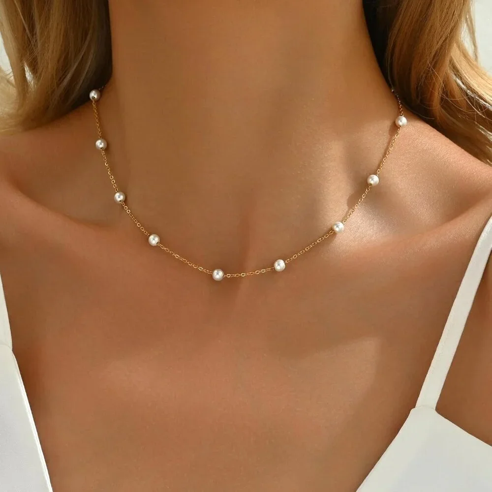 Jewigo 18K Gold Plated Pearl Necklace Women Dainty Choker Pendant Wedding Gift - Picture 2 of 6